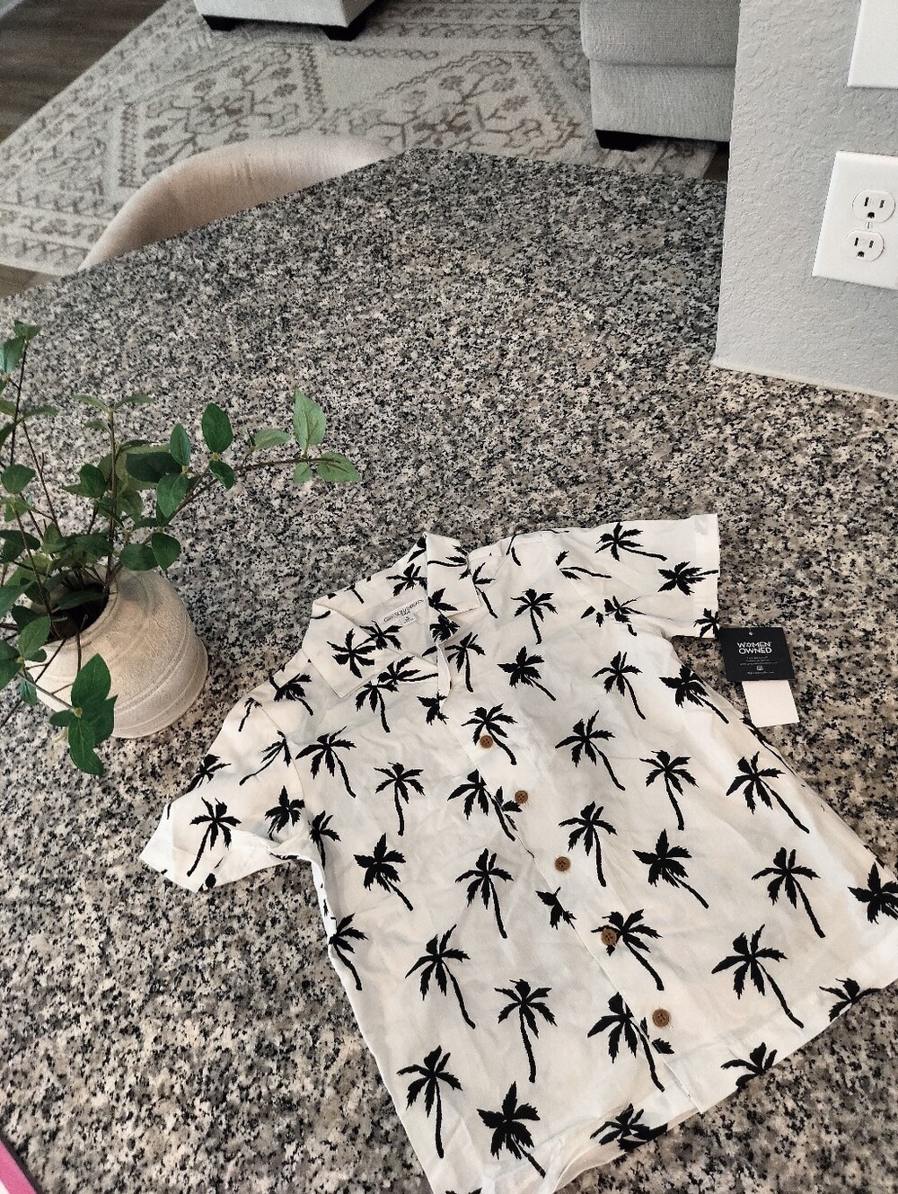 Kids' Short-Sleeve Palm Tree Button-Down Shirt - White/Black